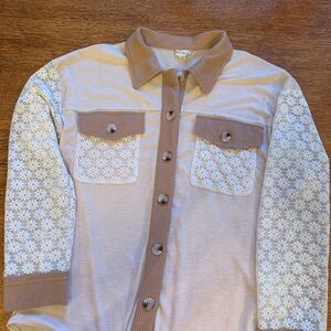 Beige and White Button-Up Shirt